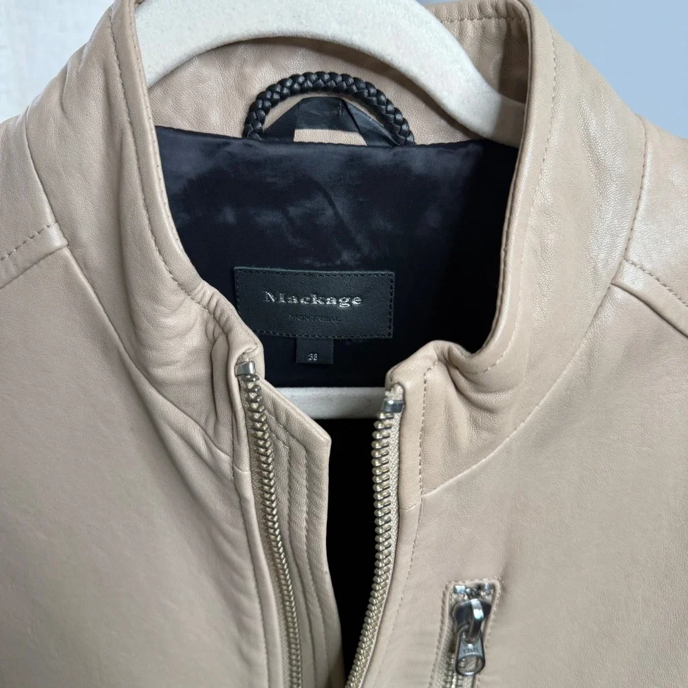 Mackage Biker Jacket Lambskin Leather Tan Beige Moto Zippers Men's‎ Size 38